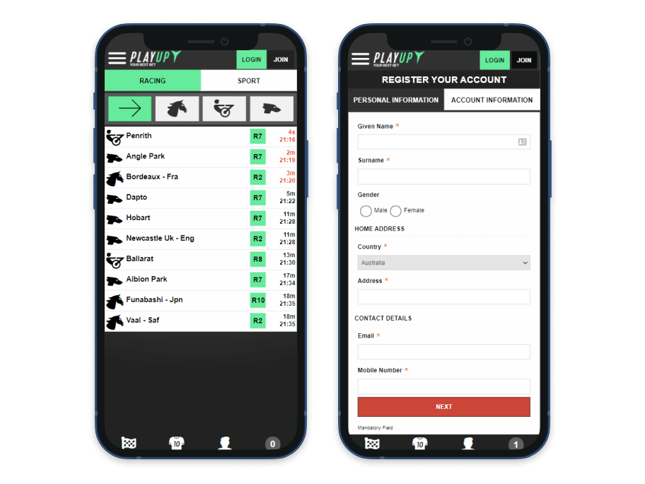 playup mobile screenshots and log in